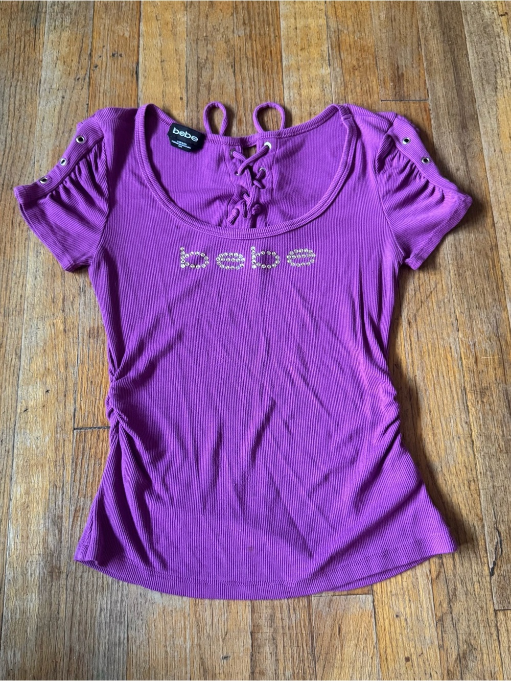 bebe Purple Lace-Up Short Sleeve Top